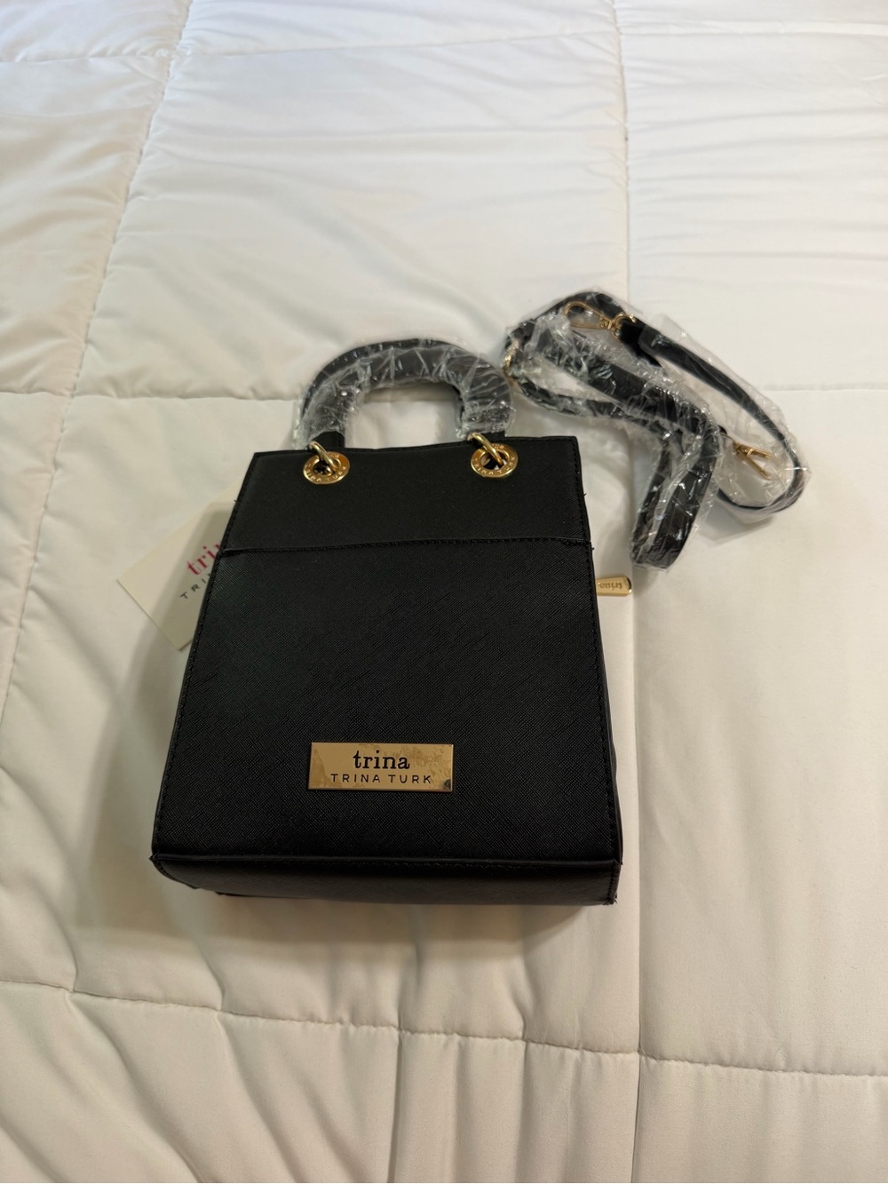 Trina Turk Black Mini Saffiano Crossbody Tote with Gold Hardware